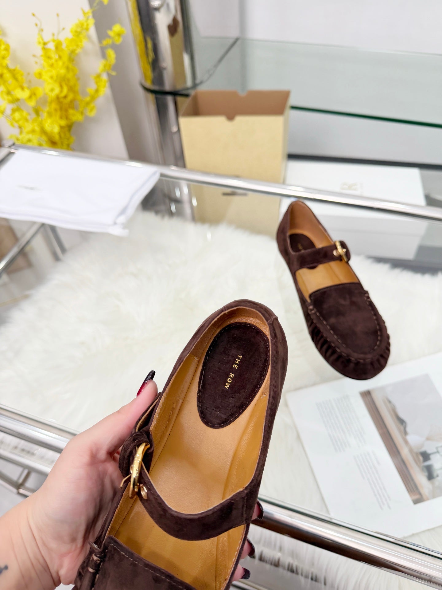 The Row 2026 Mary Jane Flat in Dark Brown Sheepskin 576854