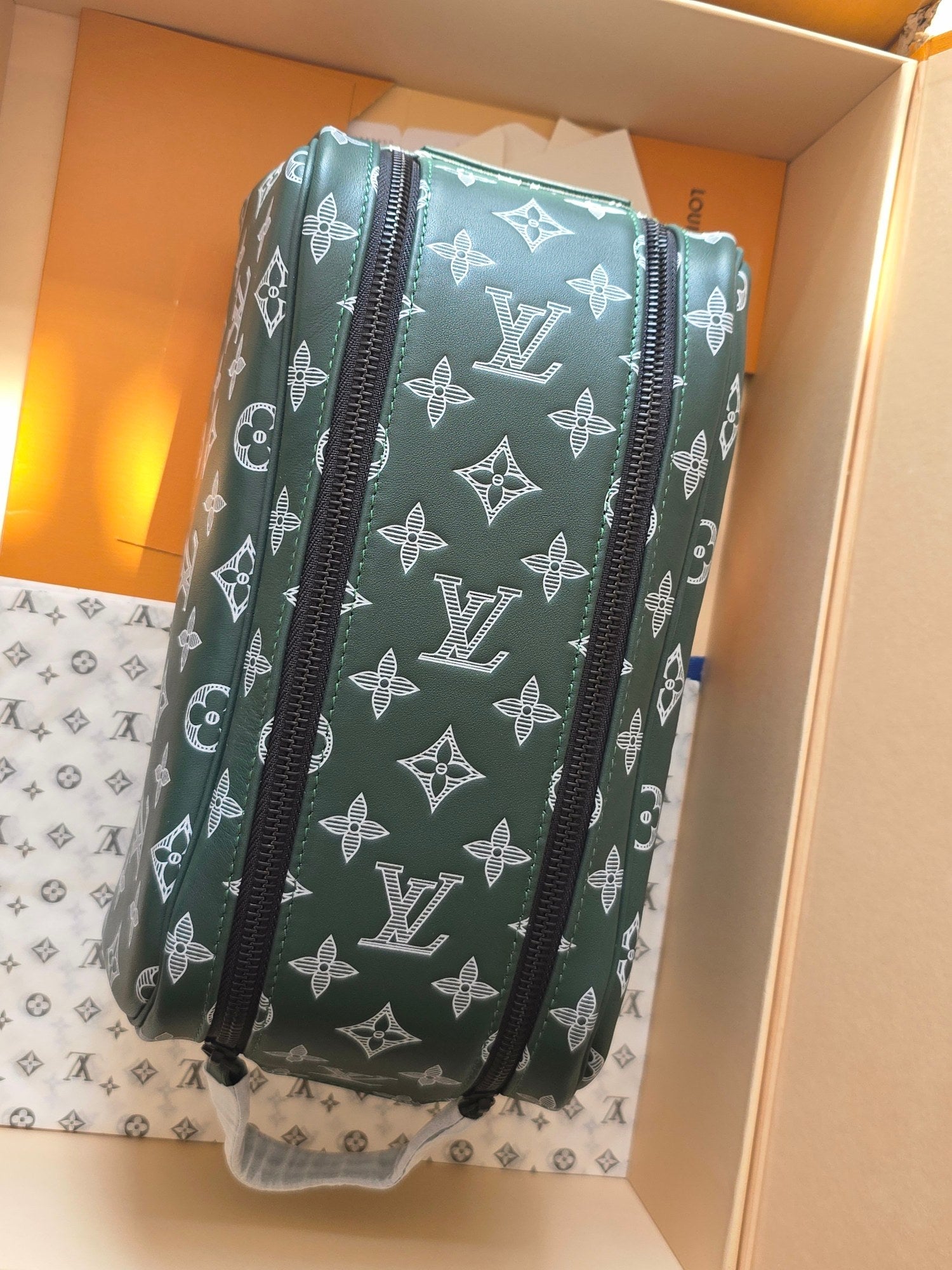 LV Cosmetic Bag 24 Dark Green Monogram Canvas Cowhide 274808