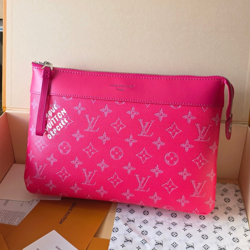 LV Pochette Voyaye Souple Clutch Bag Rose Red Monogram Eclipse Canvas 275169