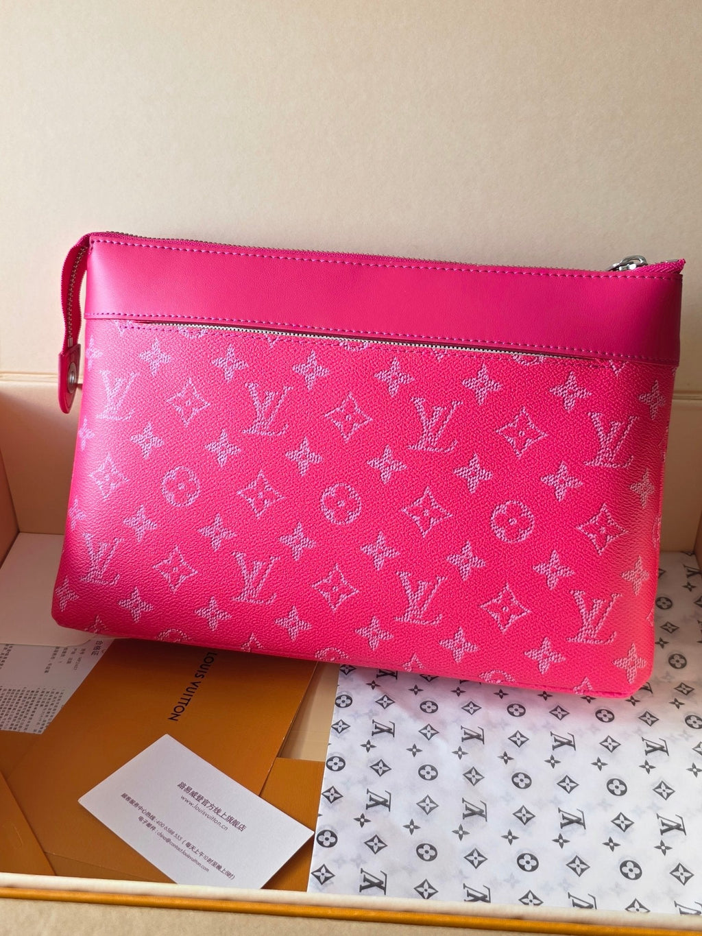 LV Pochette Voyaye Souple Clutch Bag Rose Red Monogram Eclipse Canvas 275169