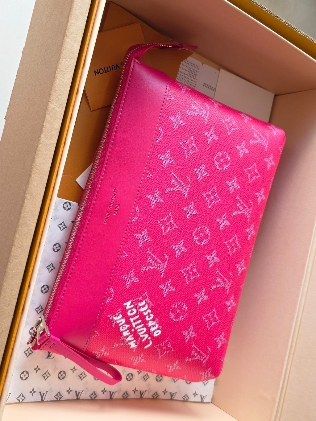 LV Pochette Voyaye Souple Clutch Bag Rose Red Monogram Eclipse Canvas 275169