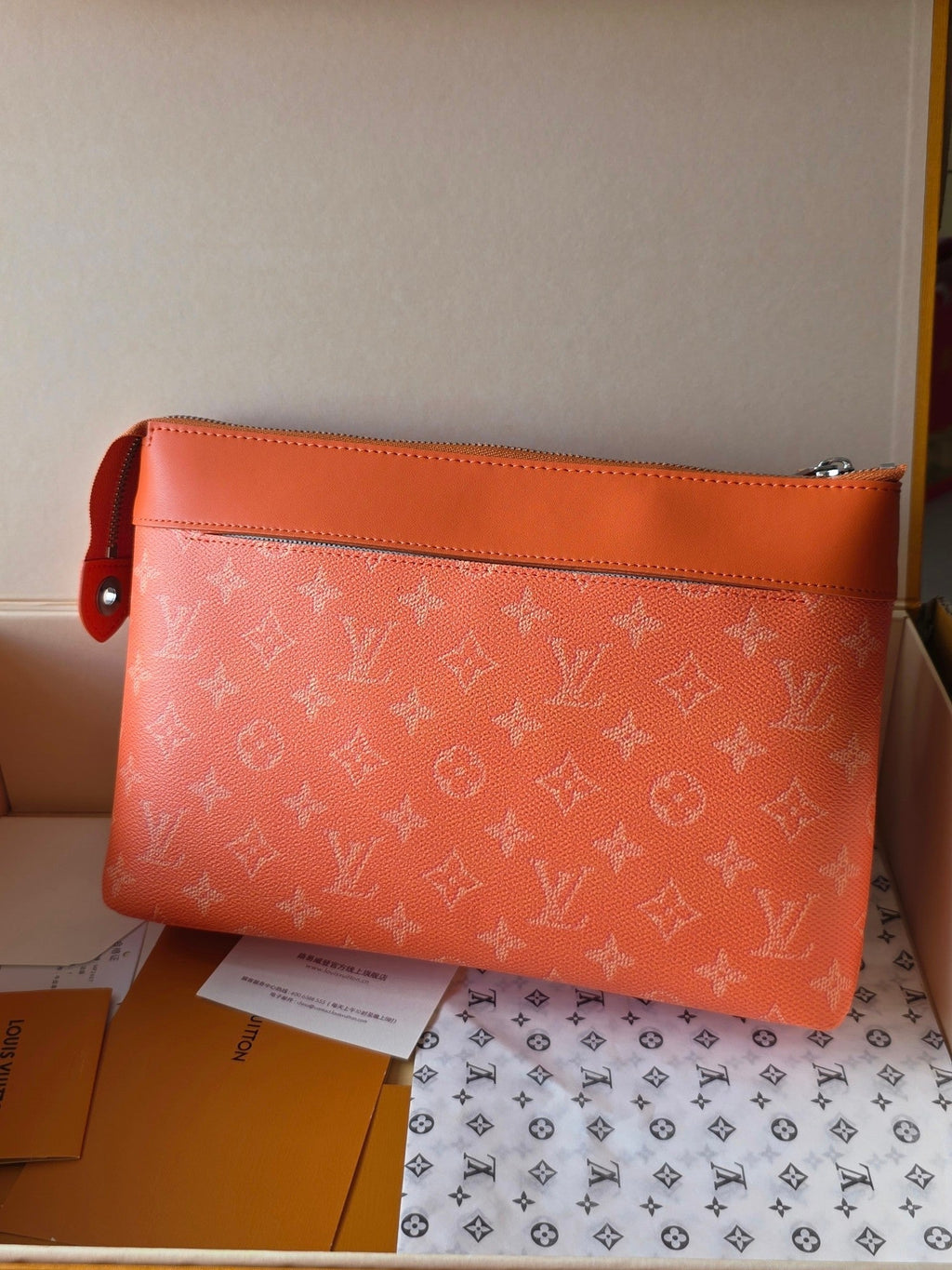 LV Pochette Voyaye Souple Clutch Bag Orange Monogram Eclipse Canvas 275171