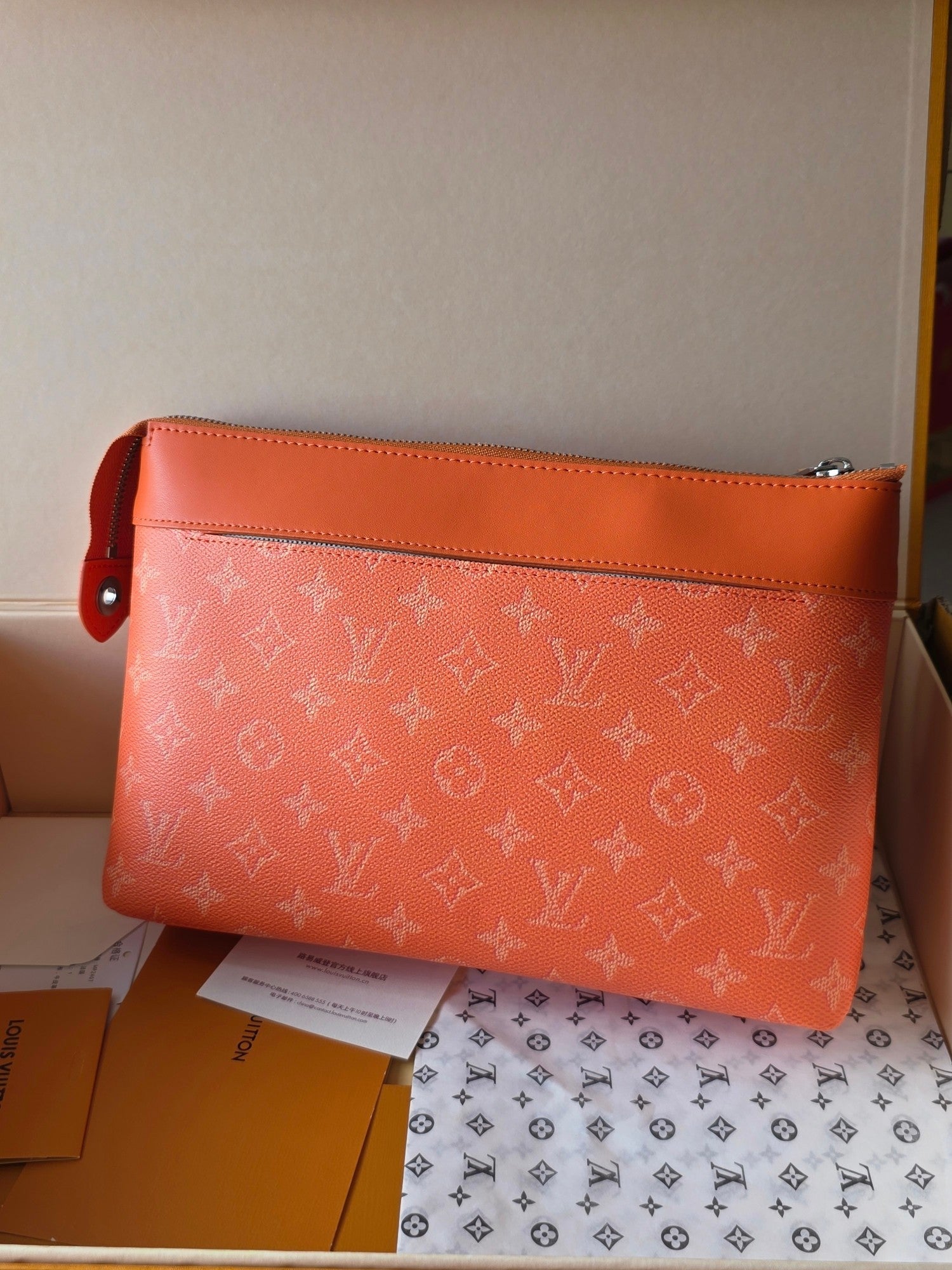 LV Pochette Voyaye Souple Clutch Bag Orange Monogram Eclipse Canvas 275171