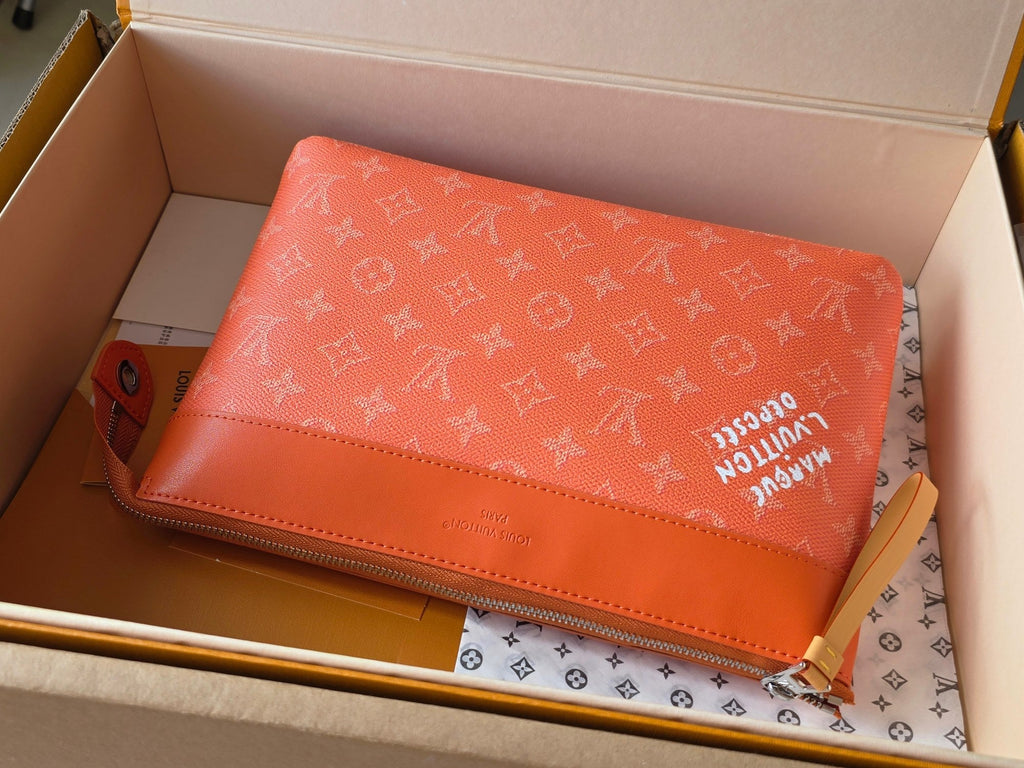 LV Pochette Voyaye Souple Clutch Bag Orange Monogram Eclipse Canvas 275171