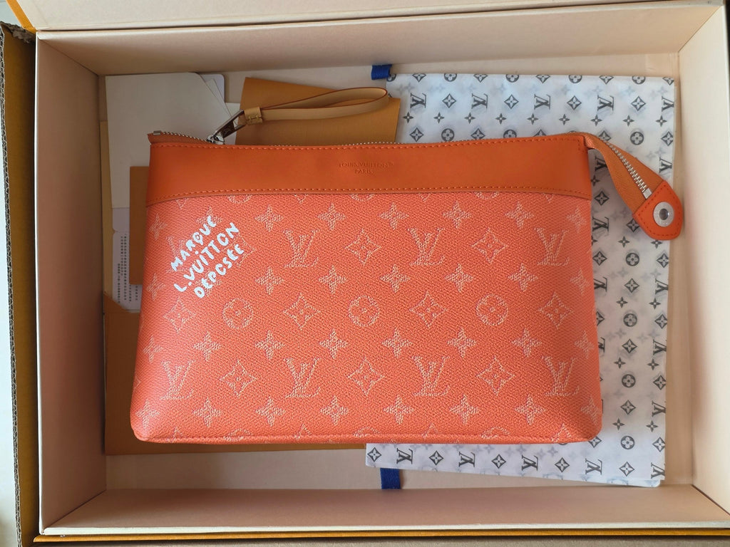 LV Pochette Voyaye Souple Clutch Bag Orange Monogram Eclipse Canvas 275171