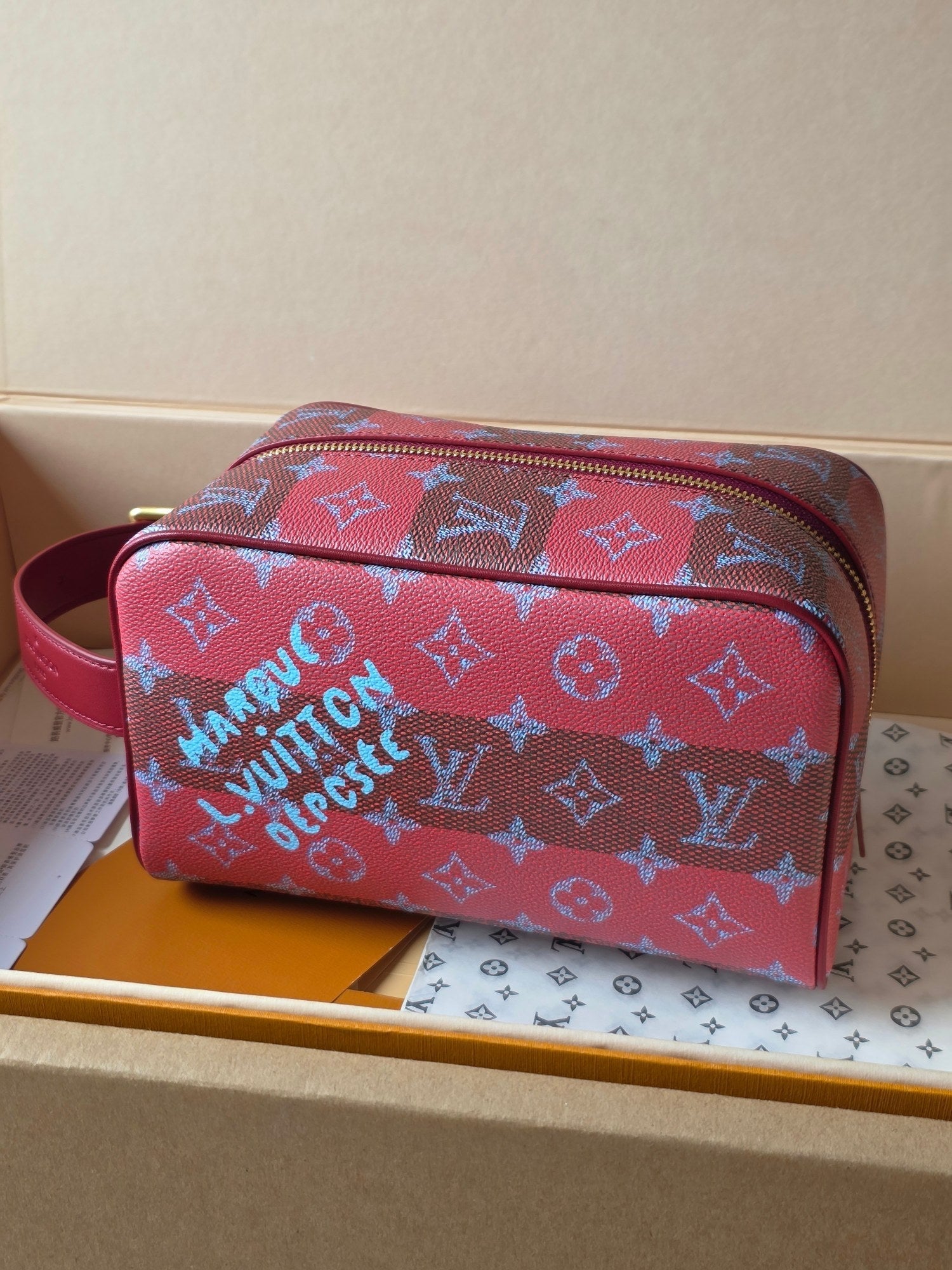 LV Makeup Bag Red PVC Fabric with Leather 275393