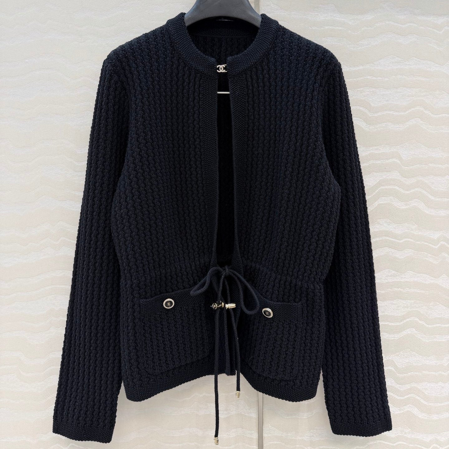 Chanel 26c Rhinestone Buckle Belt Cardigan Black Wool 333722