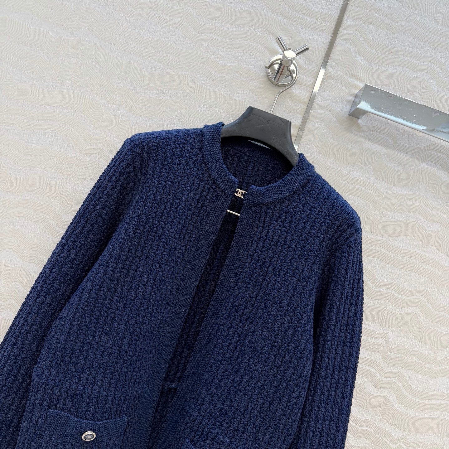 Chanel 26c Rhinestone Buckle Belt Cardigan Blue Wool 333721