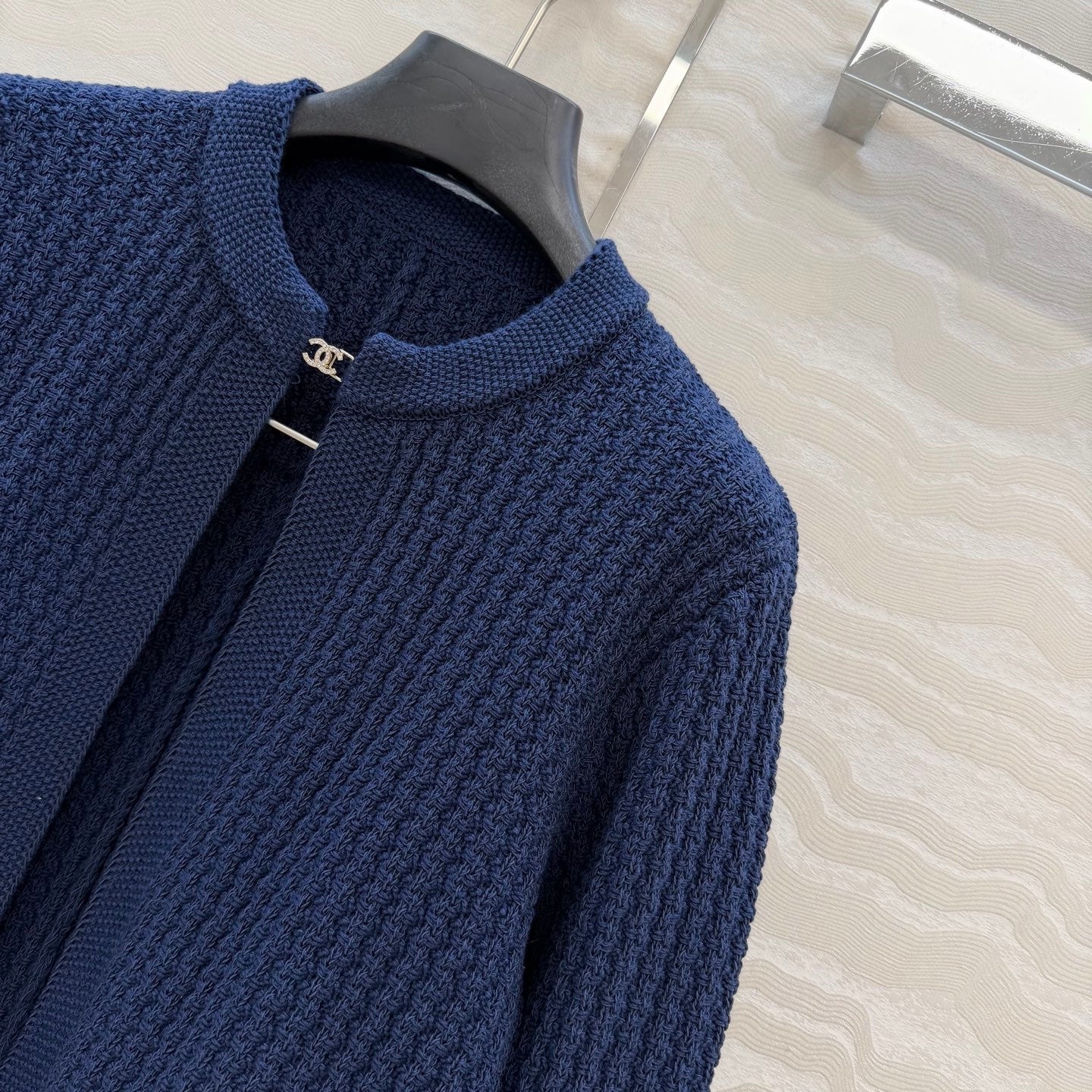 Chanel 26c Rhinestone Buckle Belt Cardigan Blue Wool 333721