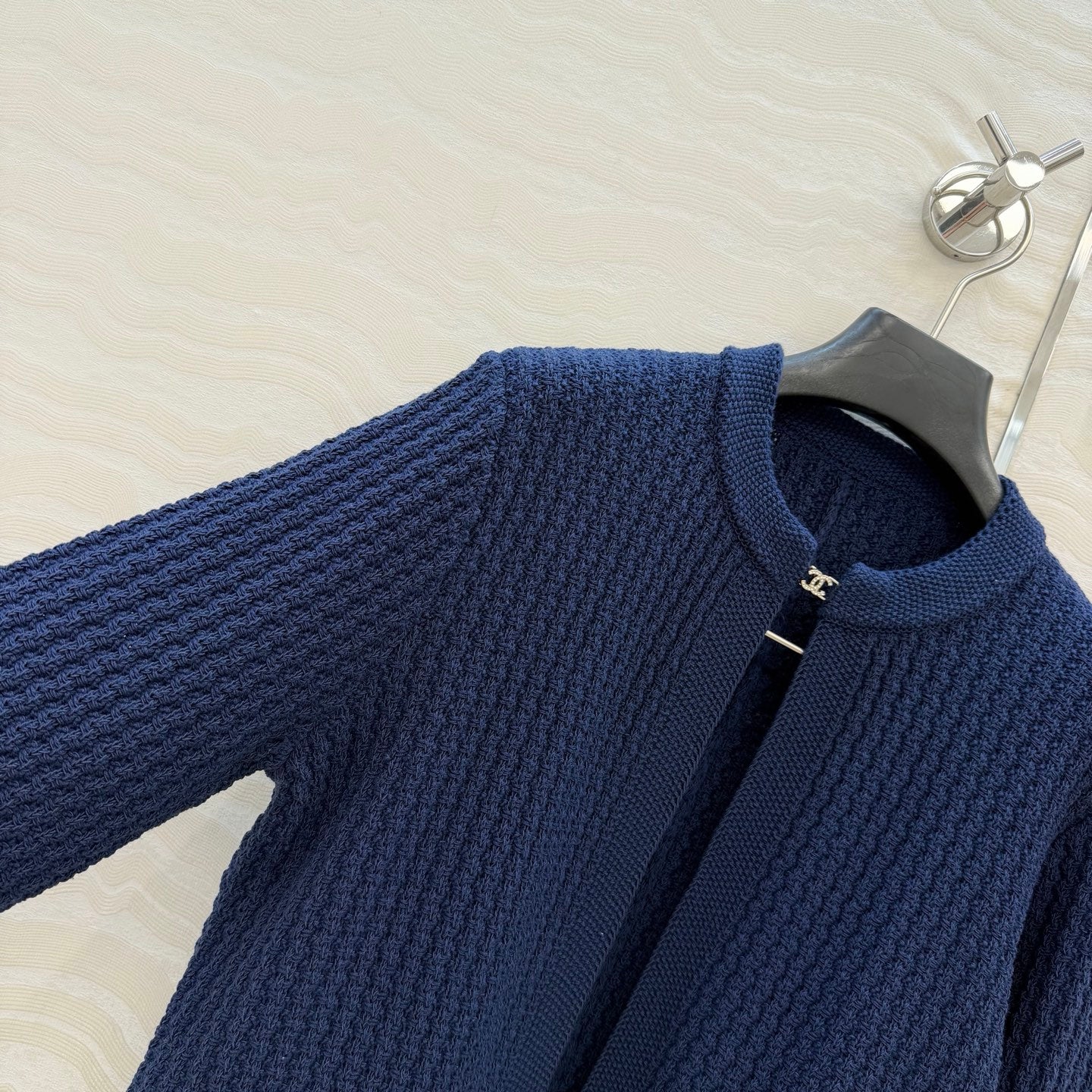 Chanel 26c Rhinestone Buckle Belt Cardigan Blue Wool 333721