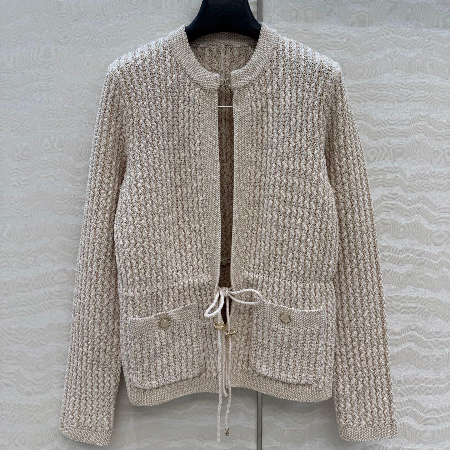 Chanel 26c Rhinestone Buckle Belt Cardigan Beige Wool 333717