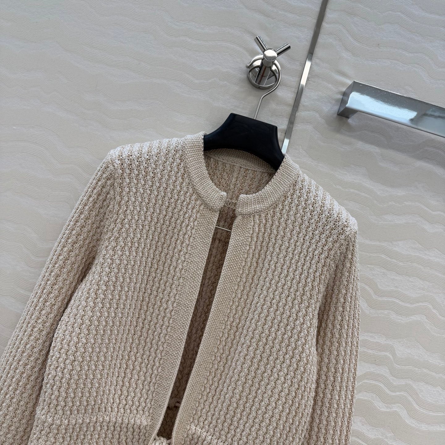 Chanel 26c Rhinestone Buckle Belt Cardigan Beige Wool 333717