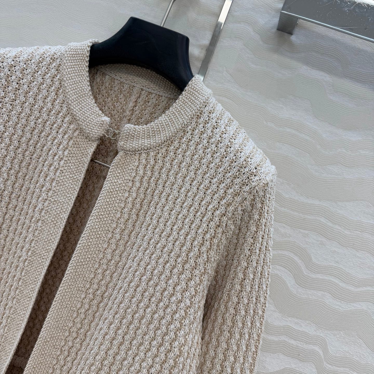 Chanel 26c Rhinestone Buckle Belt Cardigan Beige Wool 333717