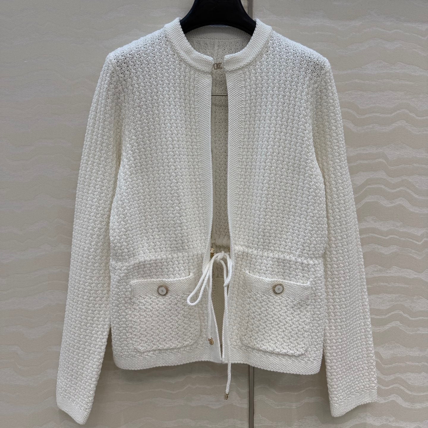 Chanel 26c Rhinestone Buckle Belt Cardigan White Wool 333715