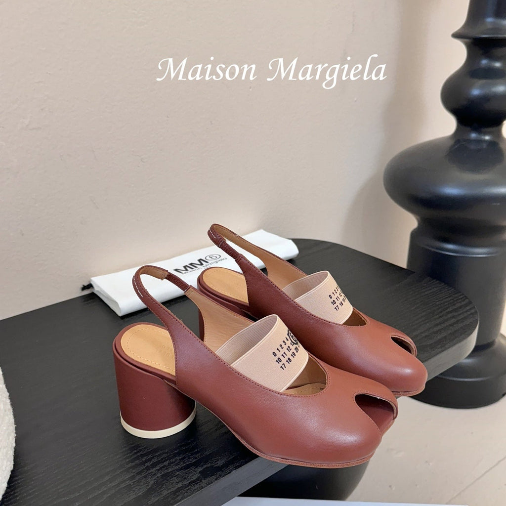 Maison Margiela Split-Toe Peep-Toe Chunky Heel Slingback Brown in Sheepskin 580437