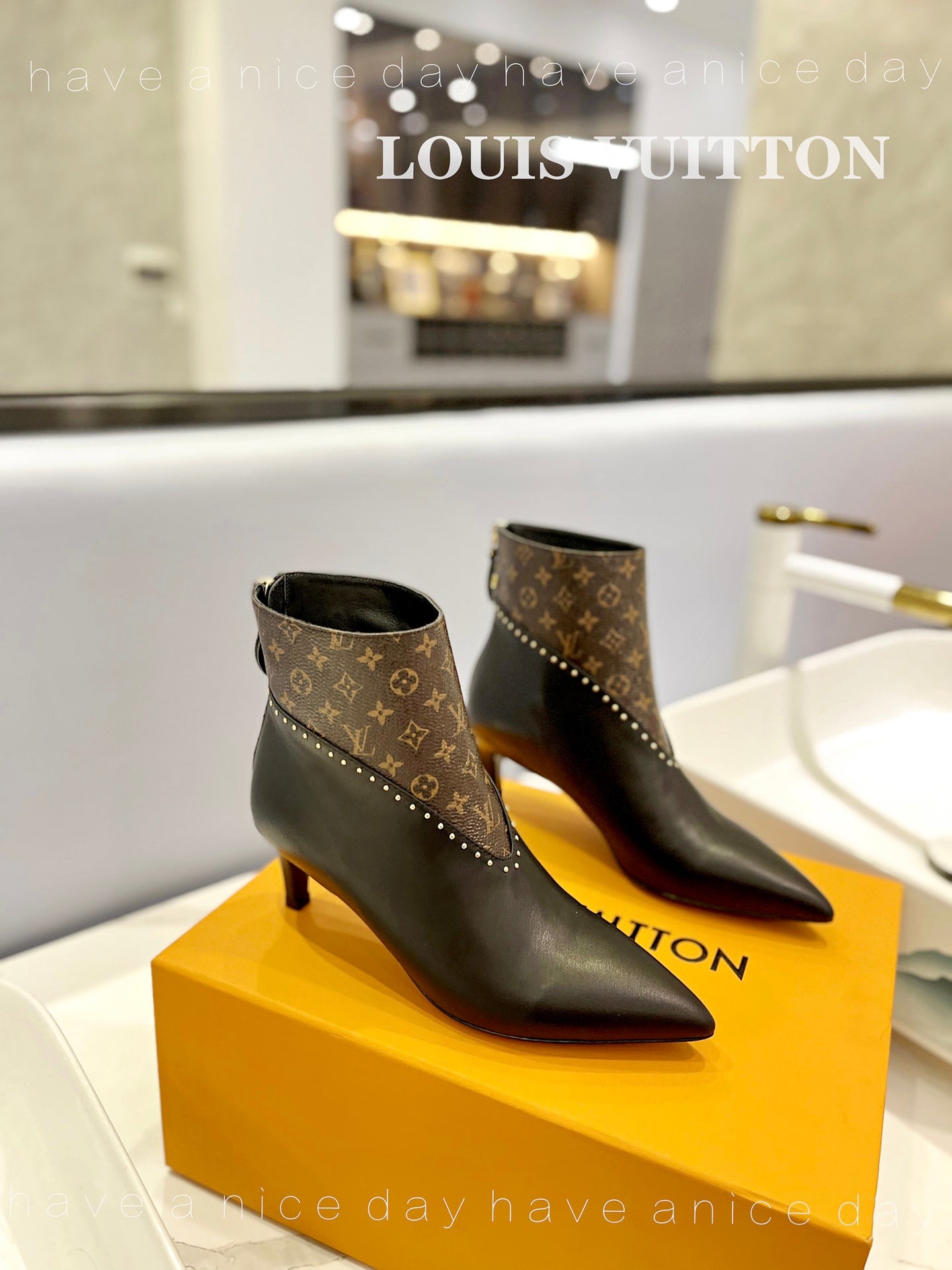 LV Cherie Ankle Boots 4.5cm Black Calfskin Monogram Canvas