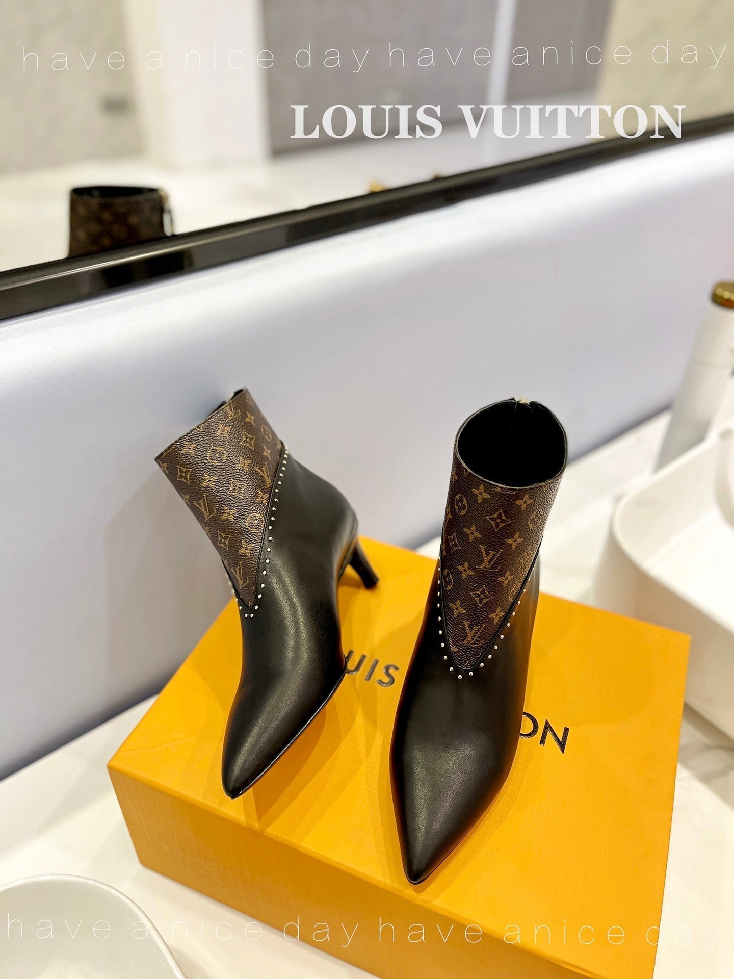 LV Cherie Ankle Boots 4.5cm Black Calfskin Monogram Canvas