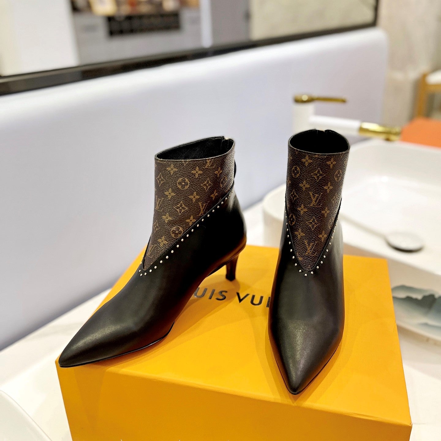 LV Cherie Ankle Boots 4.5cm Black Calfskin Monogram Canvas