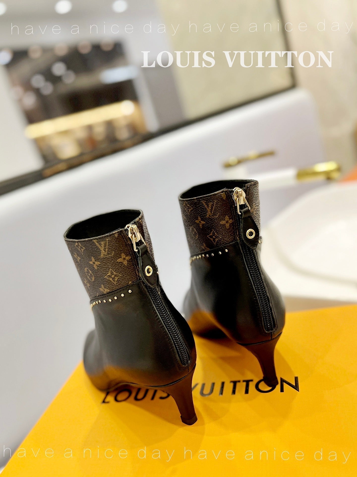 LV Cherie Ankle Boots 4.5cm Black Calfskin Monogram Canvas