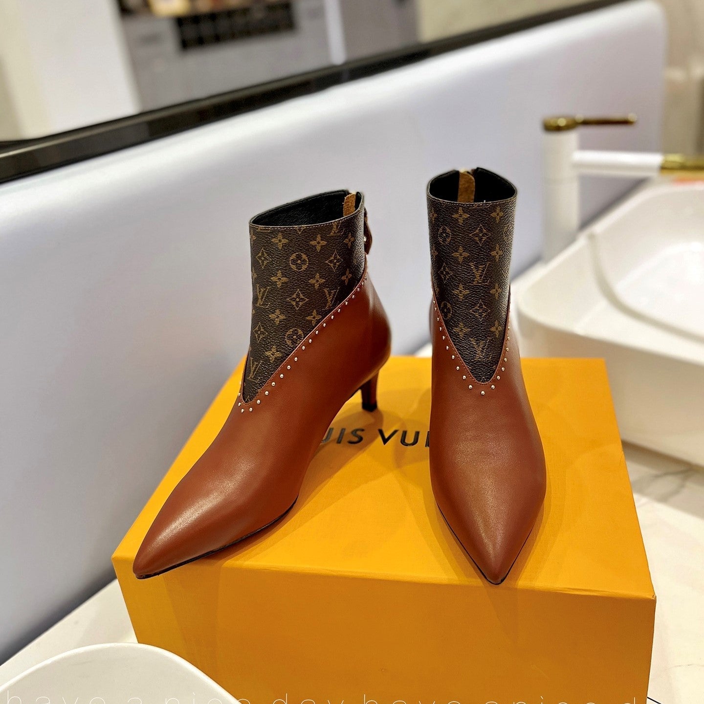 LV Cherie Ankle Boots 4.5cm Brown Calfskin Monogram Canvas