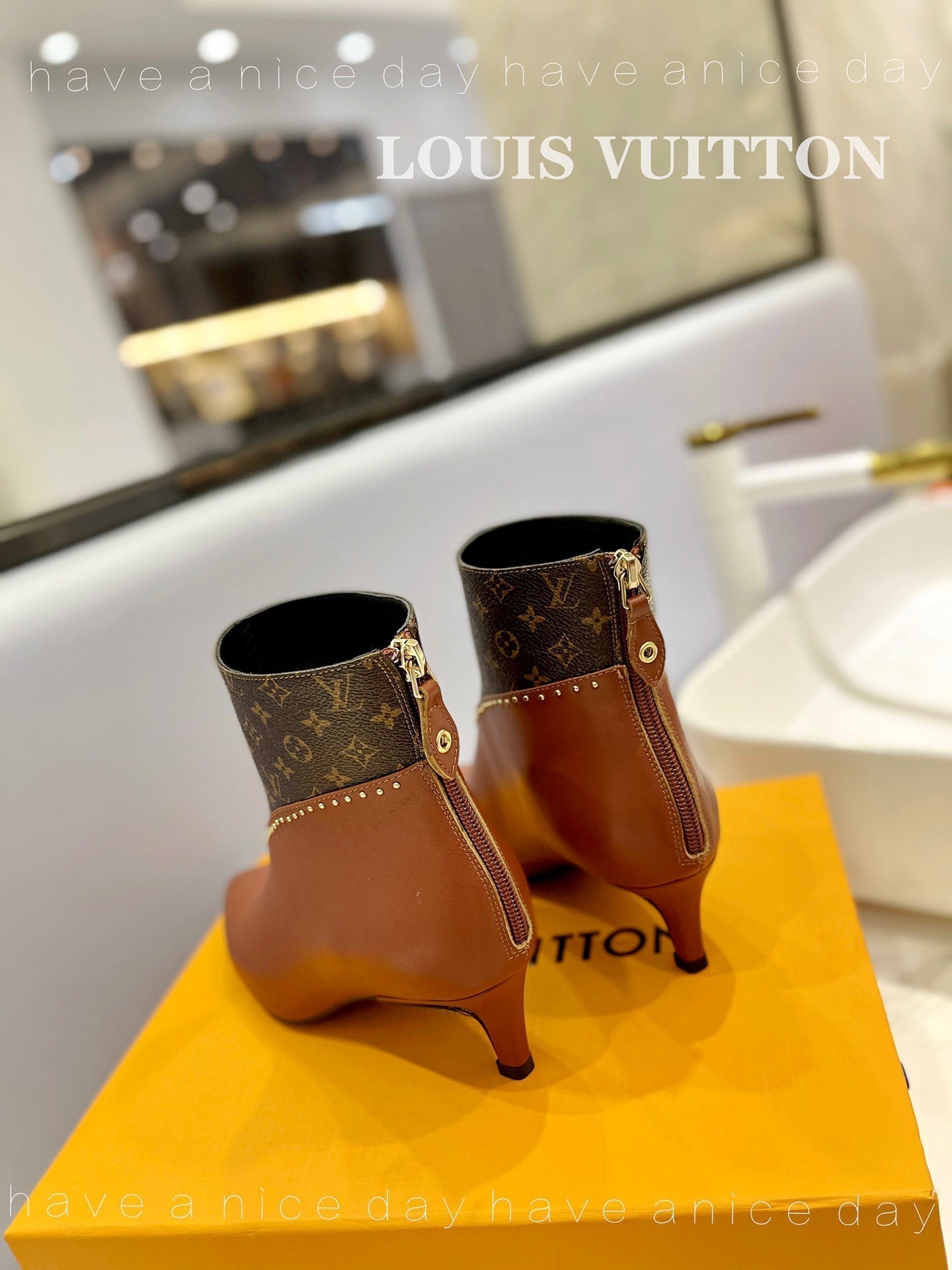 LV Cherie Ankle Boots 4.5cm Brown Calfskin Monogram Canvas