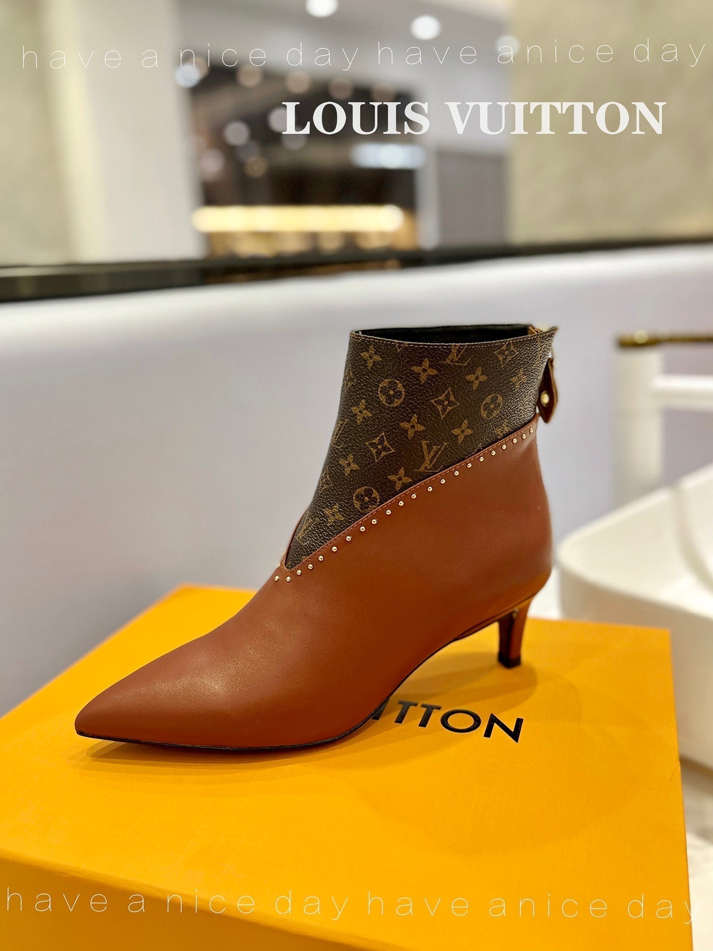 LV Cherie Ankle Boots 4.5cm Brown Calfskin Monogram Canvas