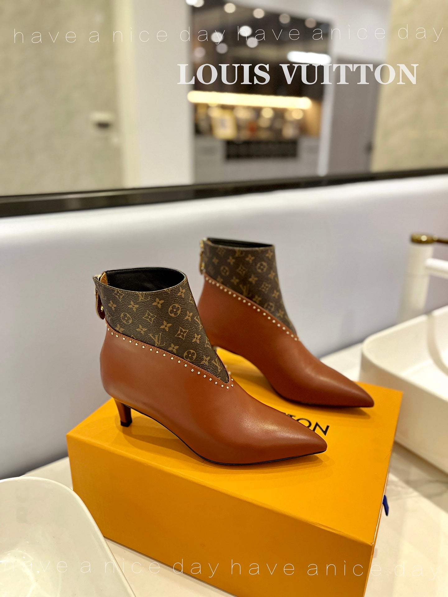 LV Cherie Ankle Boots 4.5cm Brown Calfskin Monogram Canvas