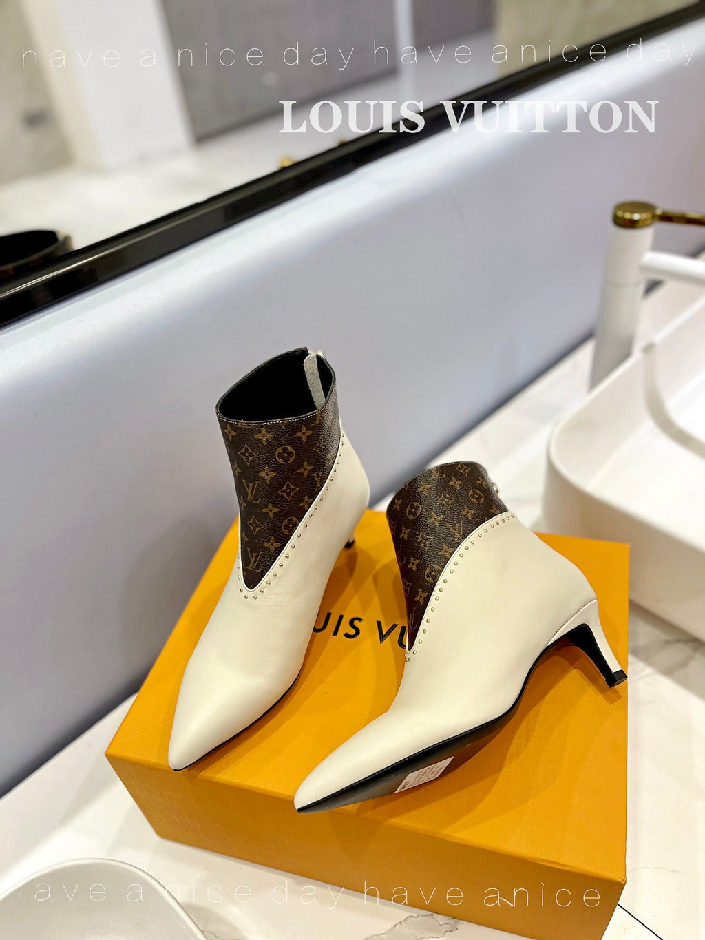 LV Cherie Ankle Boots 4.5cm Cream Calfskin Monogram Canvas