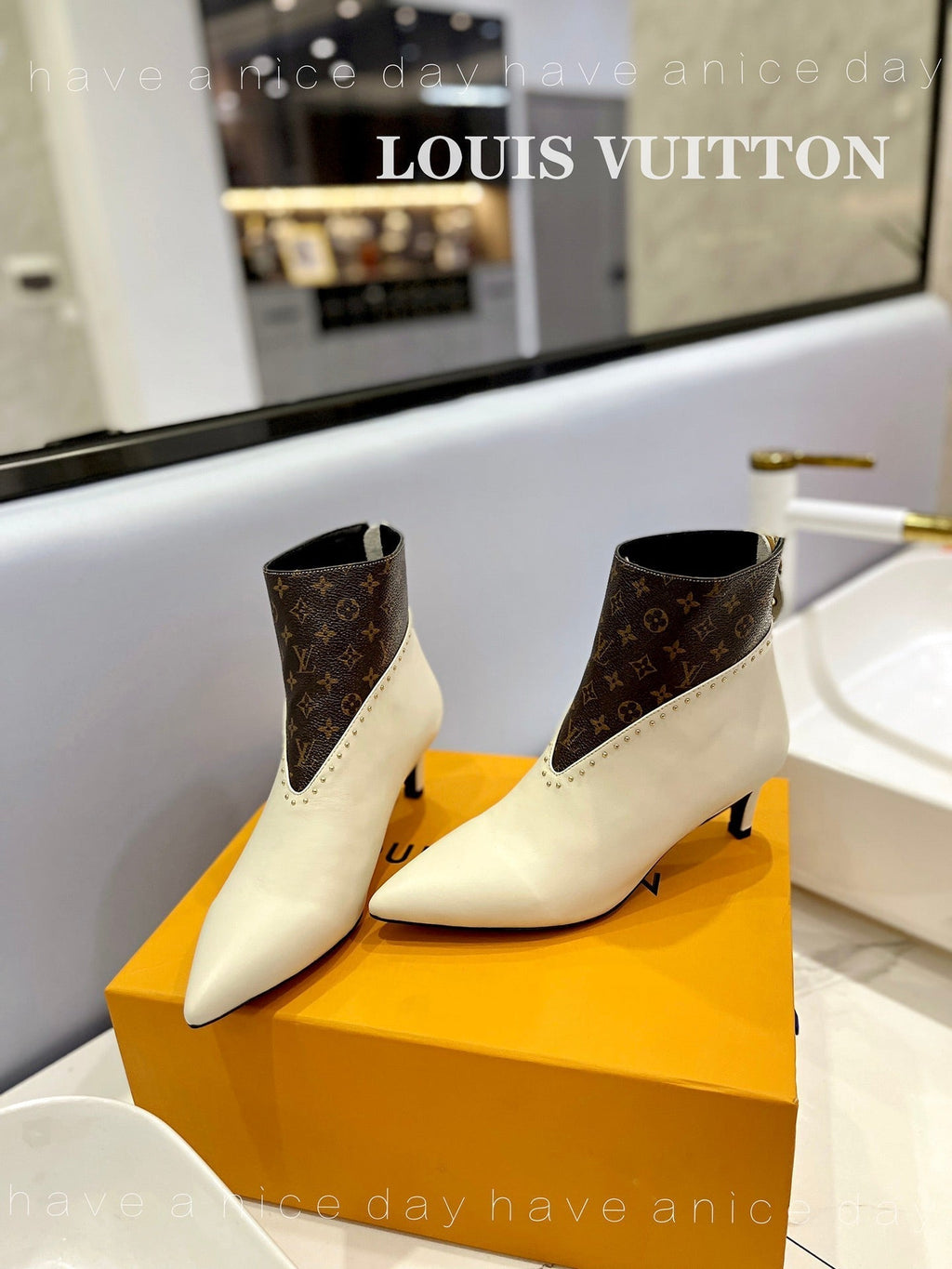 LV Cherie Ankle Boots 4.5cm Cream Calfskin Monogram Canvas