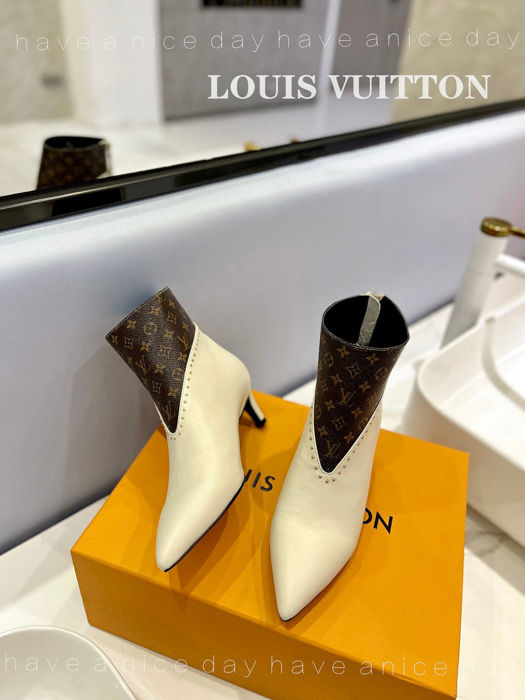 LV Cherie Ankle Boots 4.5cm Cream Calfskin Monogram Canvas