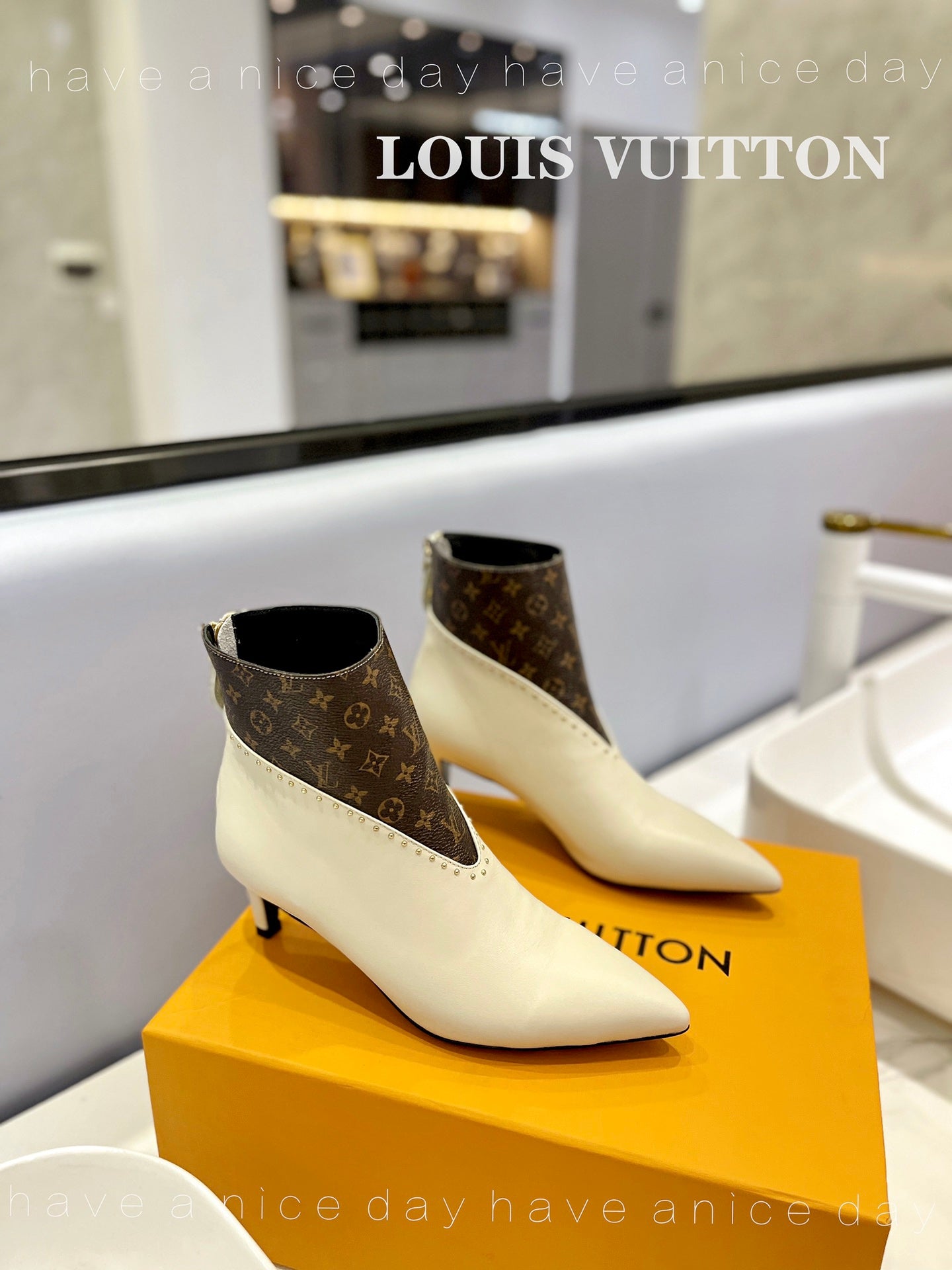 LV Cherie Ankle Boots 4.5cm Cream Calfskin Monogram Canvas