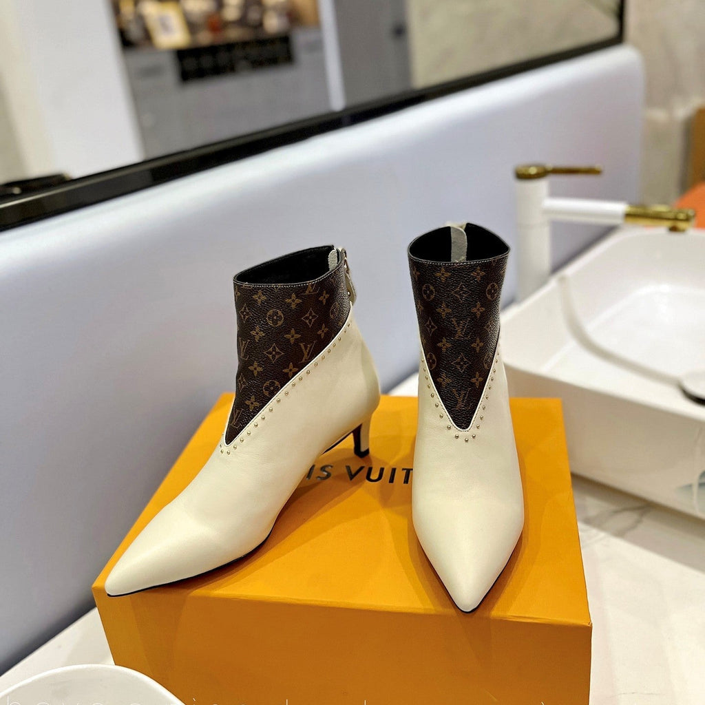 LV Cherie Ankle Boots 4.5cm Cream Calfskin Monogram Canvas