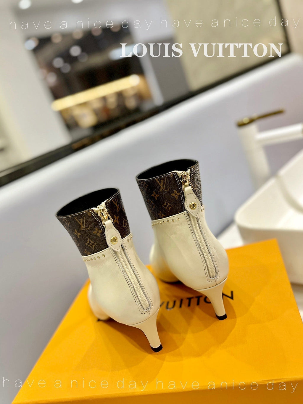 LV Cherie Ankle Boots 4.5cm Cream Calfskin Monogram Canvas