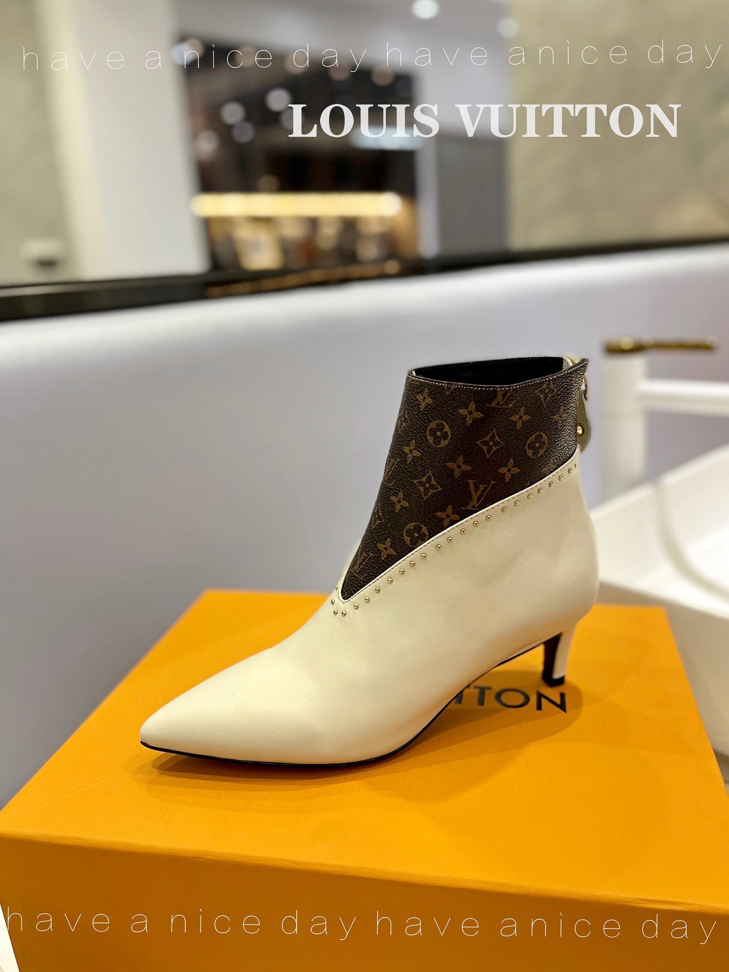 LV Cherie Ankle Boots 4.5cm Cream Calfskin Monogram Canvas