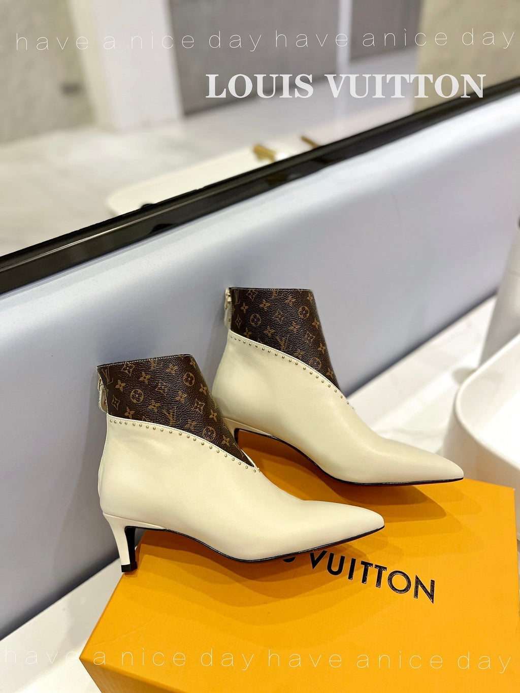 LV Cherie Ankle Boots 4.5cm Cream Calfskin Monogram Canvas