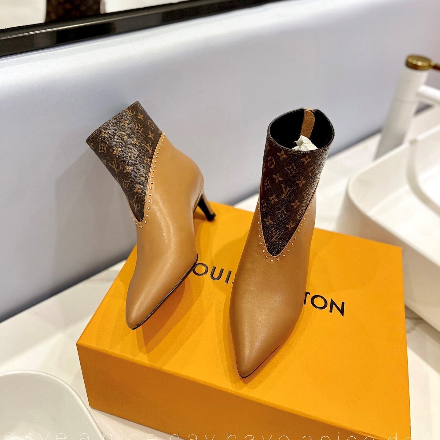 LV Cherie Ankle Boots 4.5cm Light Brown Calfskin Monogram Canvas