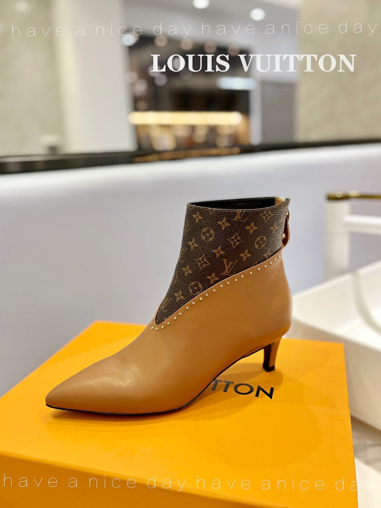 LV Cherie Ankle Boots 4.5cm Light Brown Calfskin Monogram Canvas