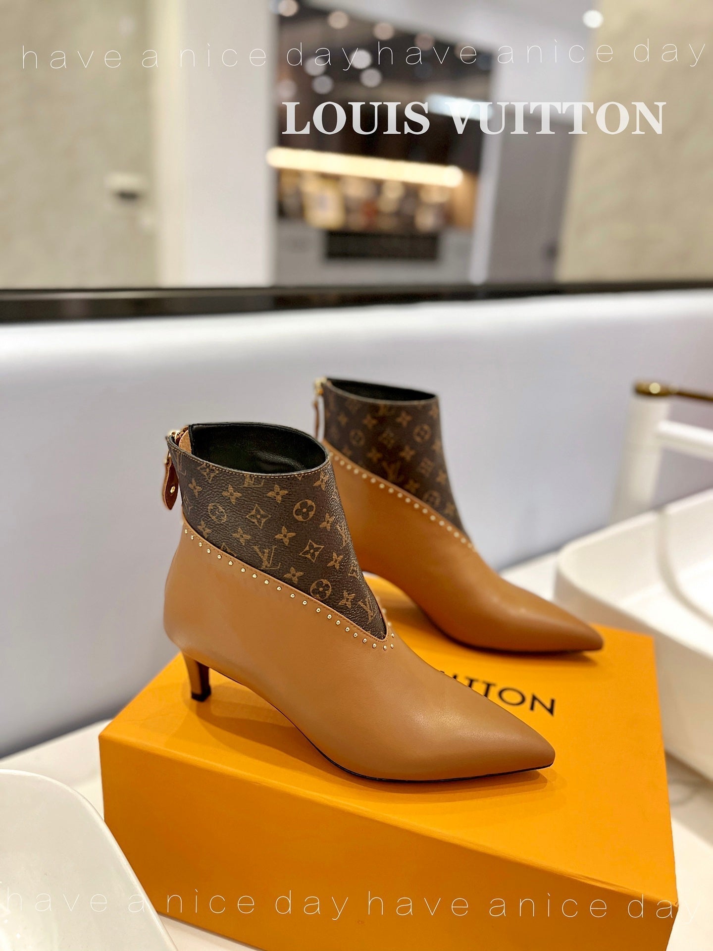 LV Cherie Ankle Boots 4.5cm Light Brown Calfskin Monogram Canvas