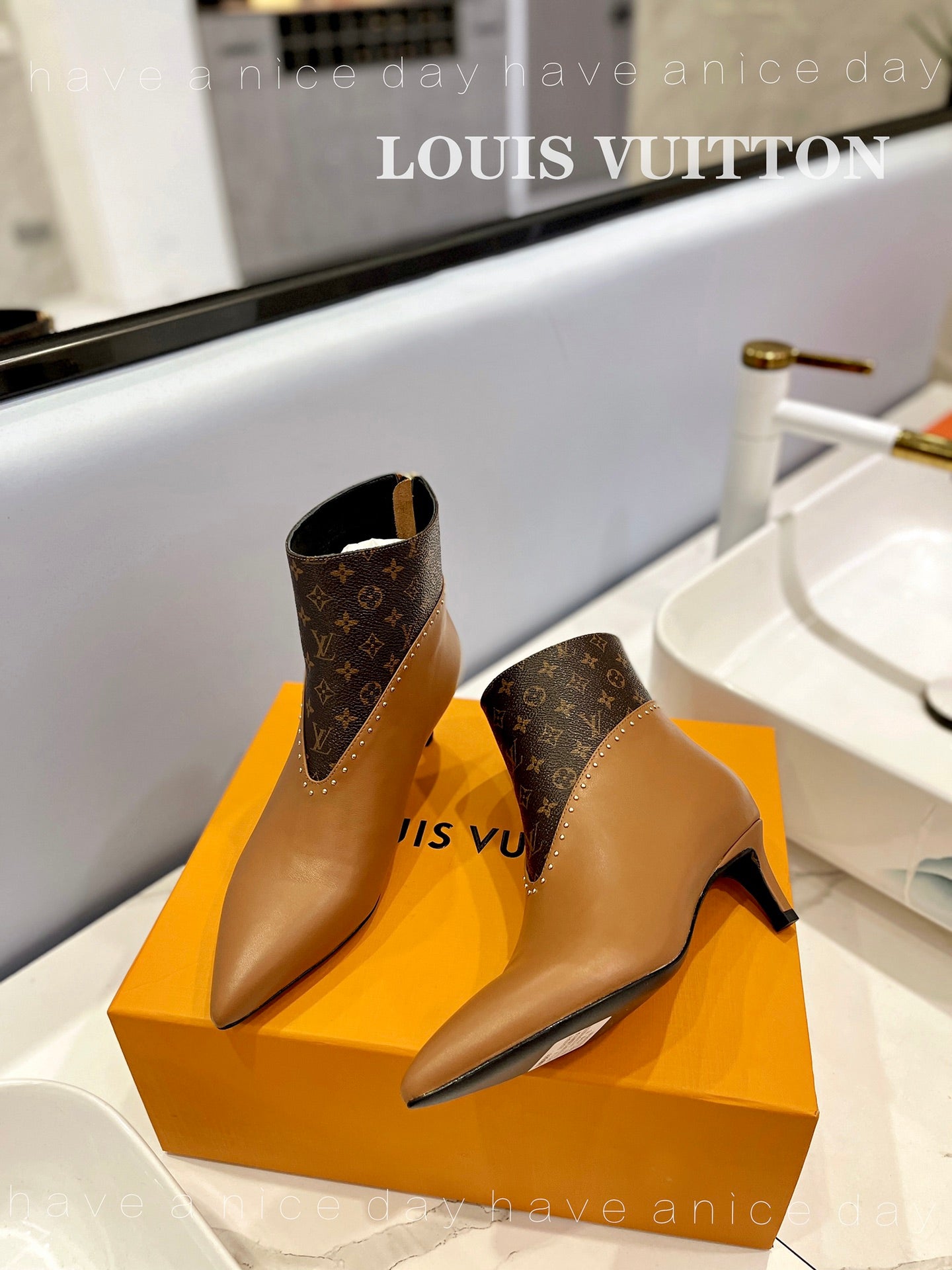 LV Cherie Ankle Boots 4.5cm Light Brown Calfskin Monogram Canvas