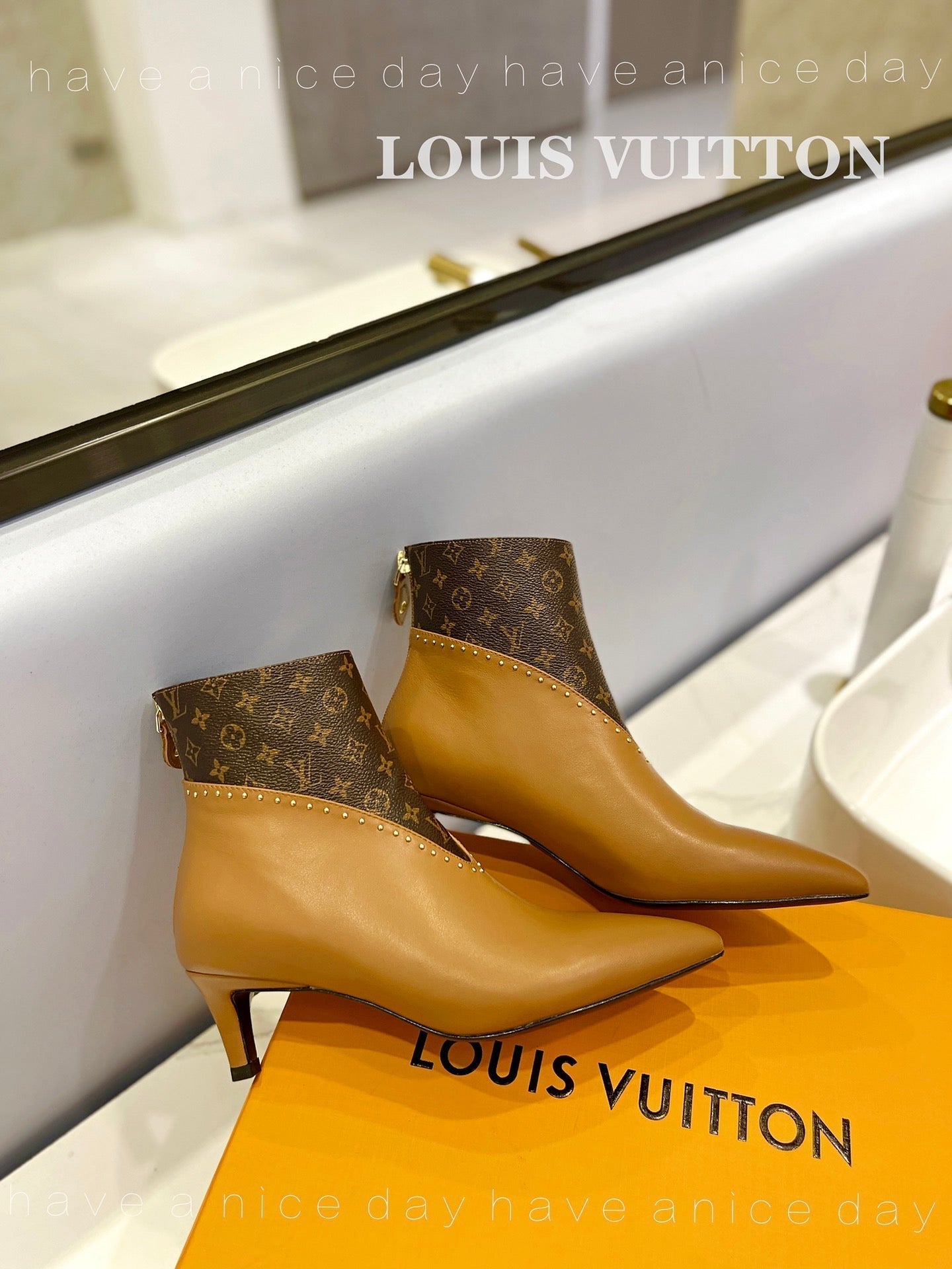 LV Cherie Ankle Boots 4.5cm Light Brown Calfskin Monogram Canvas