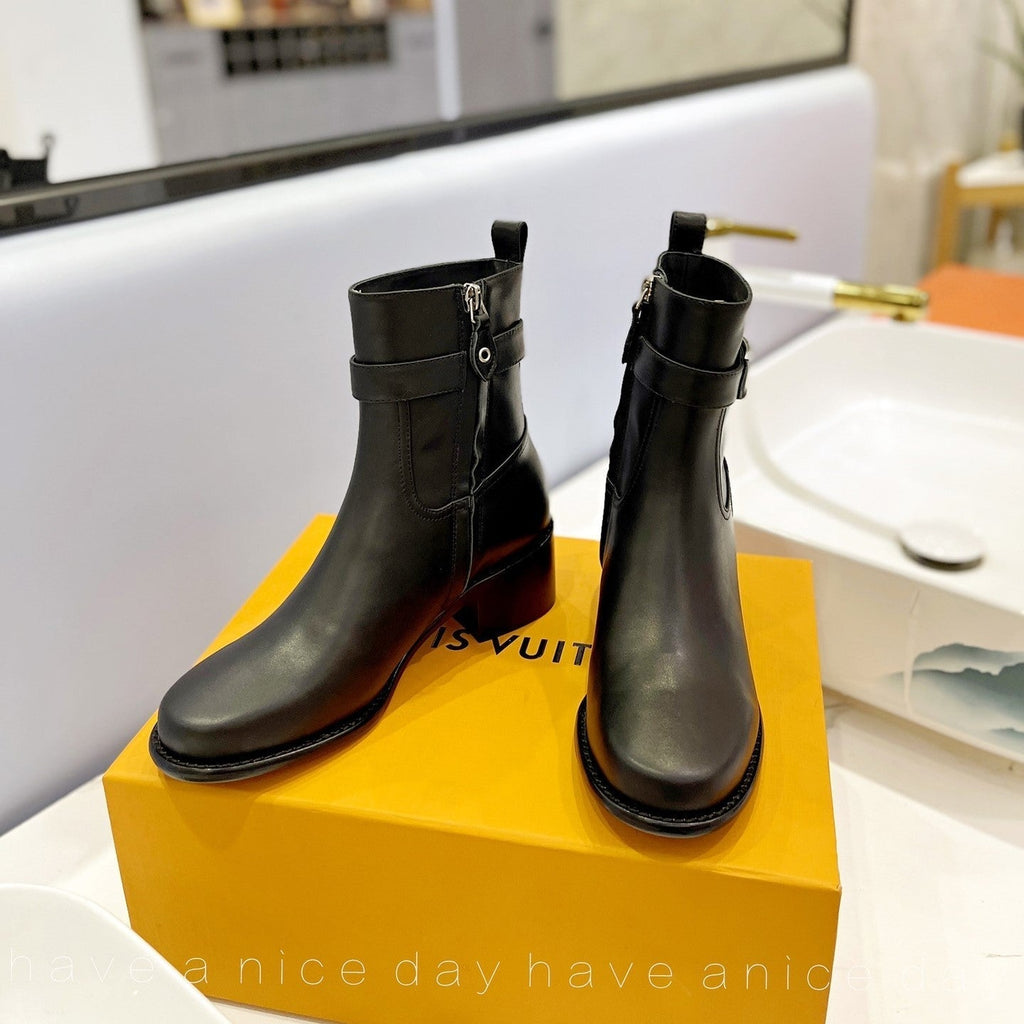 LV Waist Side Ankle Boots Black Calfskin