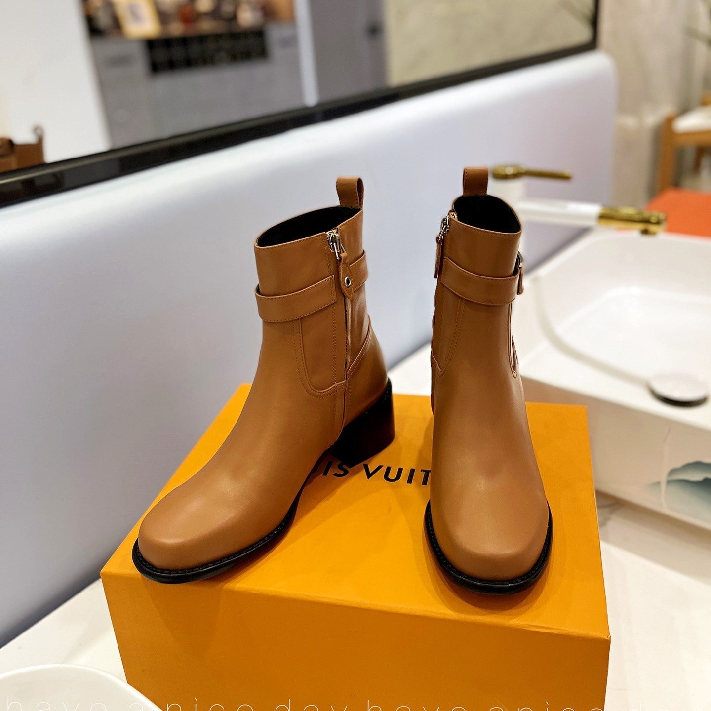 LV Waist Side Ankle Boots Brown Calfskin