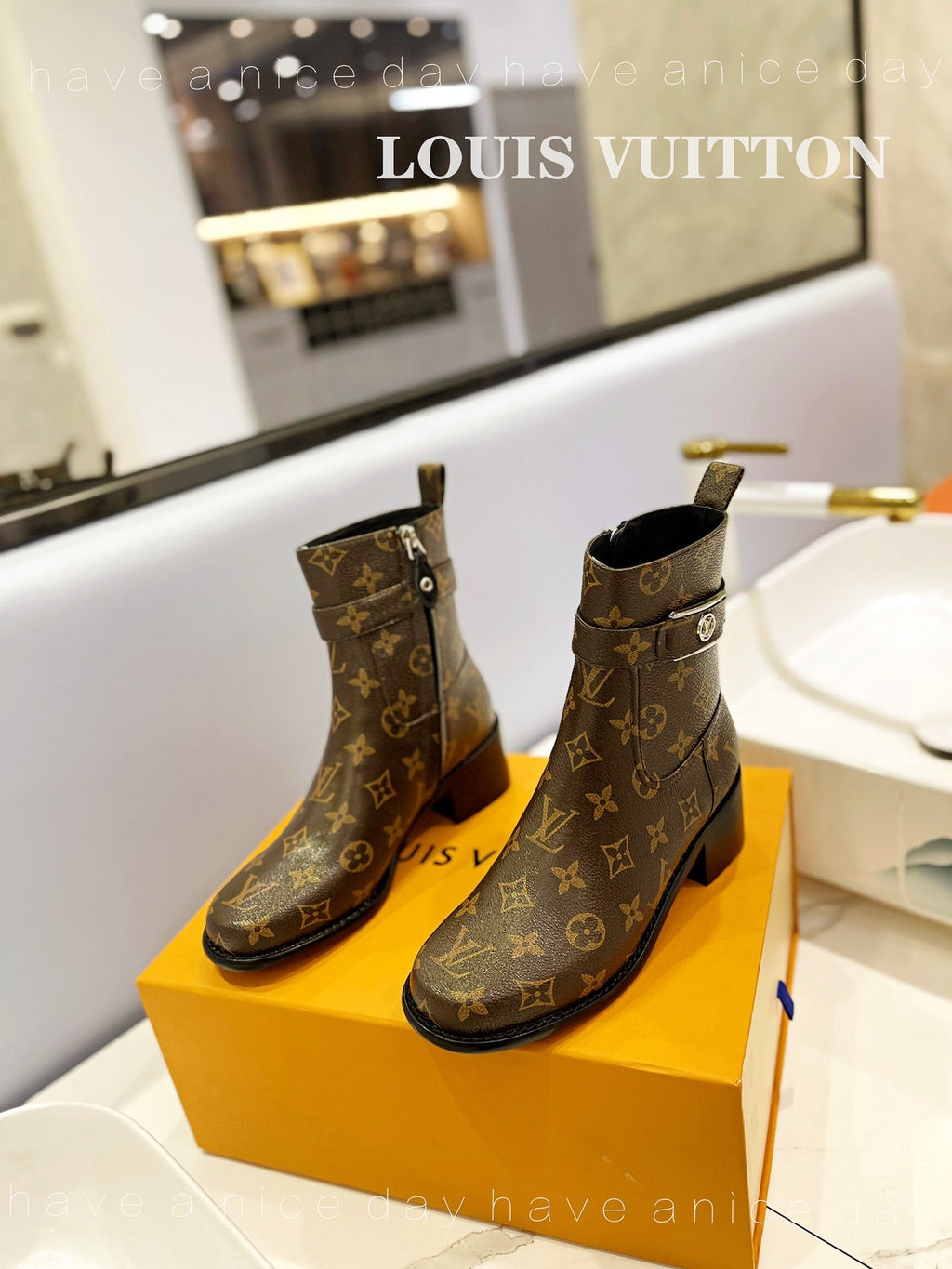 LV Waist Side Ankle Boots Brown Monogram Canvas