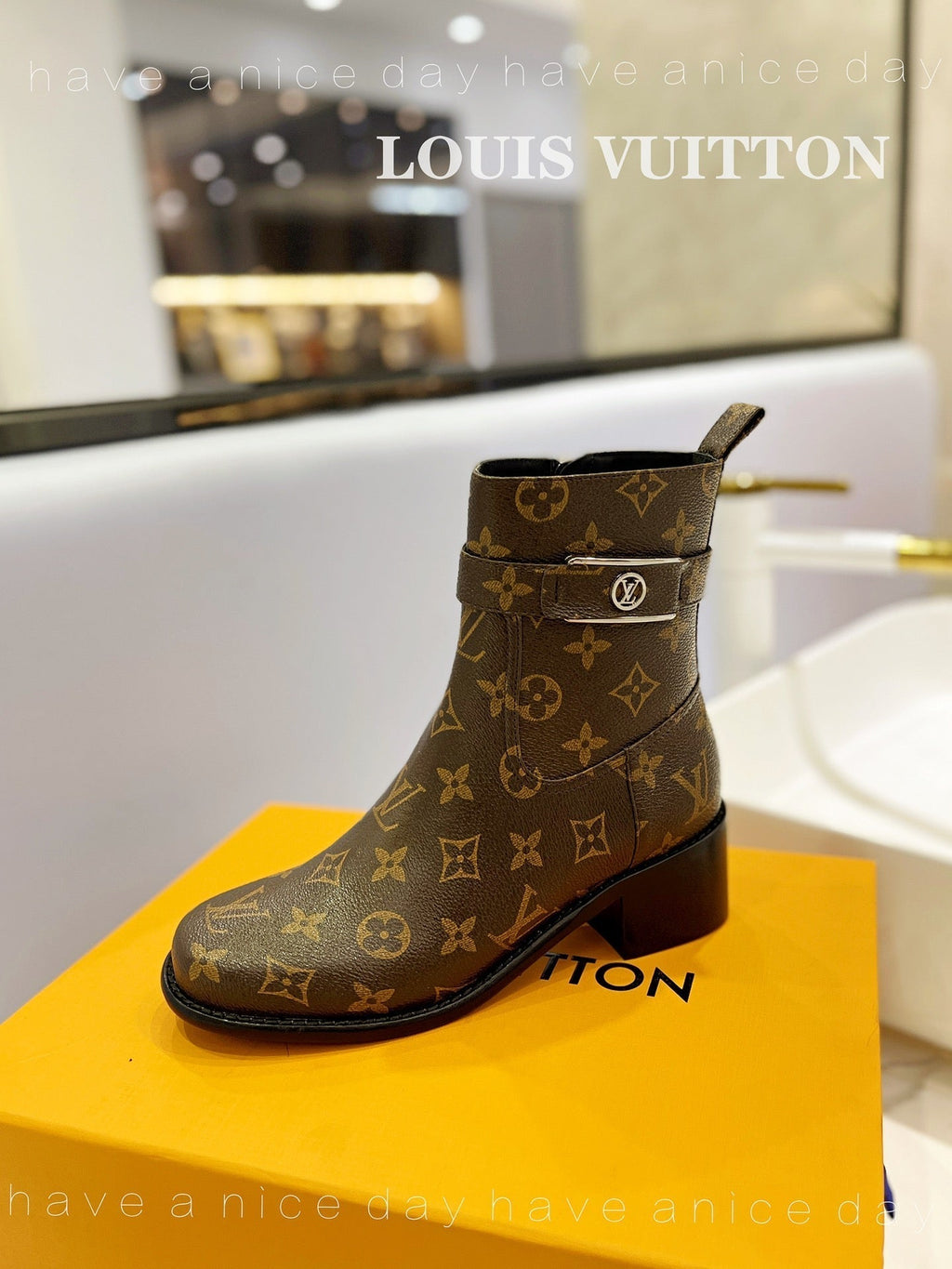 LV Waist Side Ankle Boots Brown Monogram Canvas