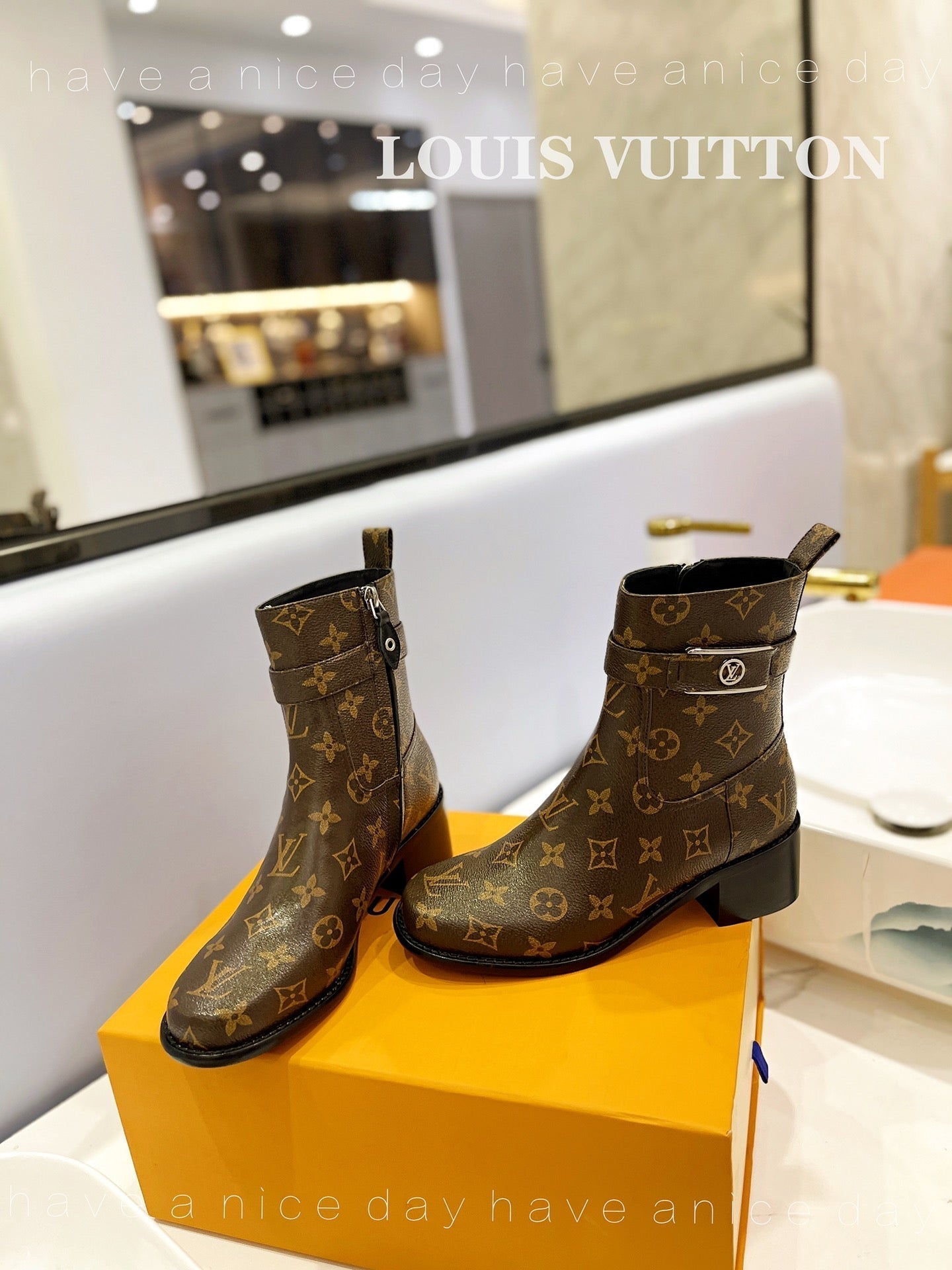 LV Waist Side Ankle Boots Brown Monogram Canvas