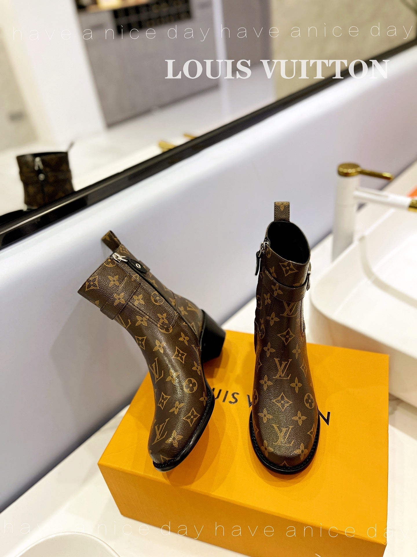 LV Waist Side Ankle Boots Brown Monogram Canvas