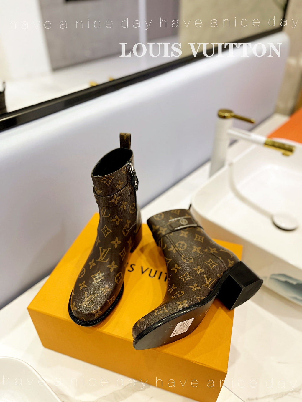 LV Waist Side Ankle Boots Brown Monogram Canvas