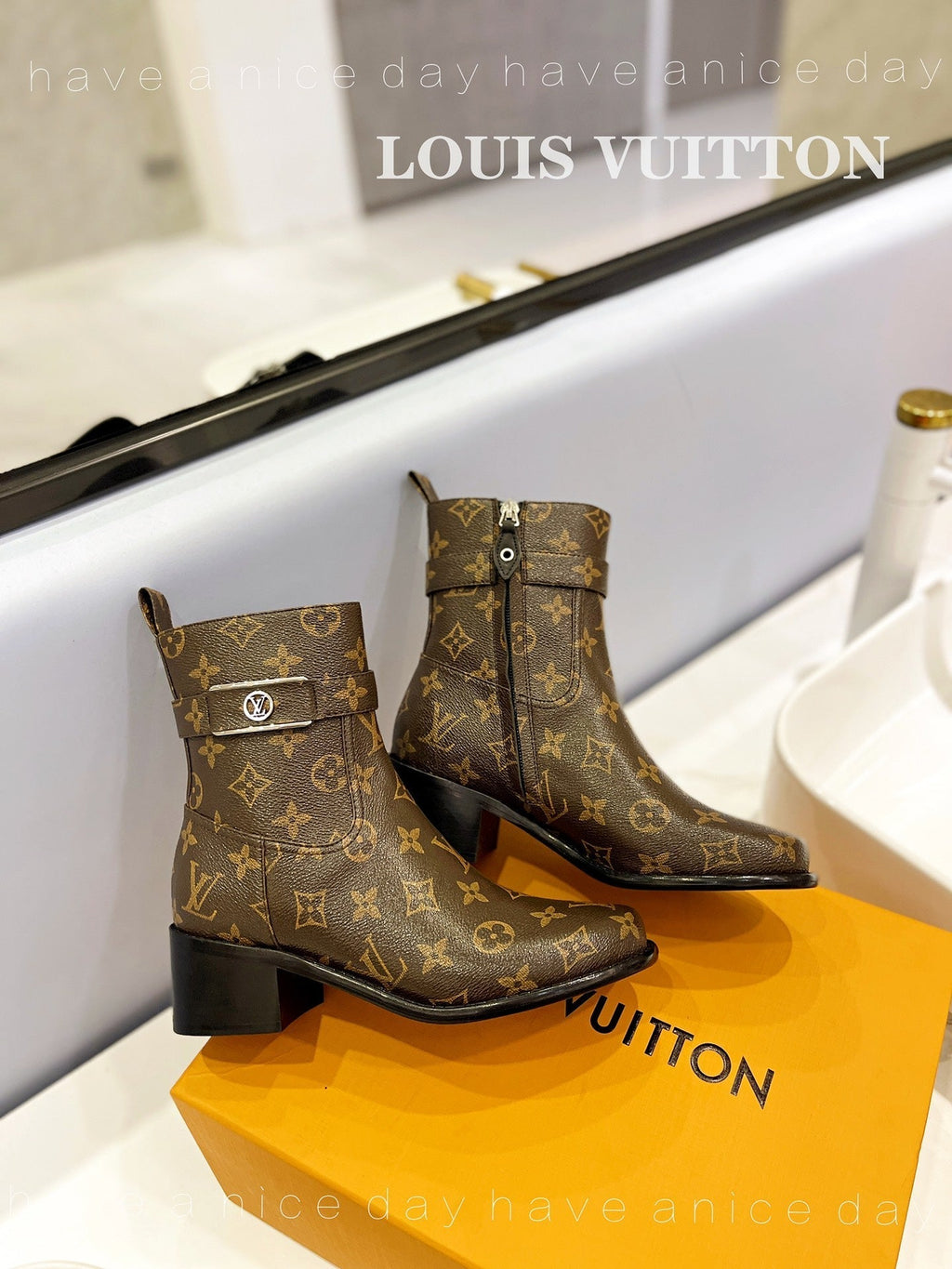 LV Waist Side Ankle Boots Brown Monogram Canvas