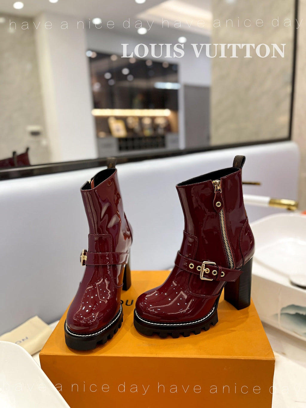 LV Star Trail Buckle Detail Boots 10.5 Burgundy Patent Leather 573944
