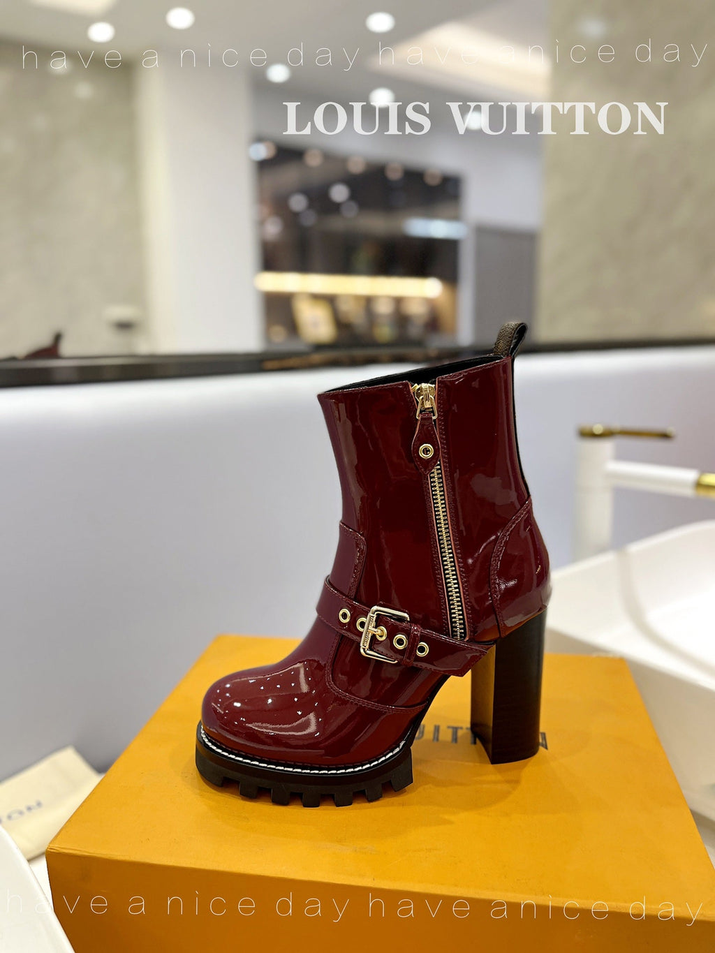LV Star Trail Buckle Detail Boots 10.5 Burgundy Patent Leather 573944